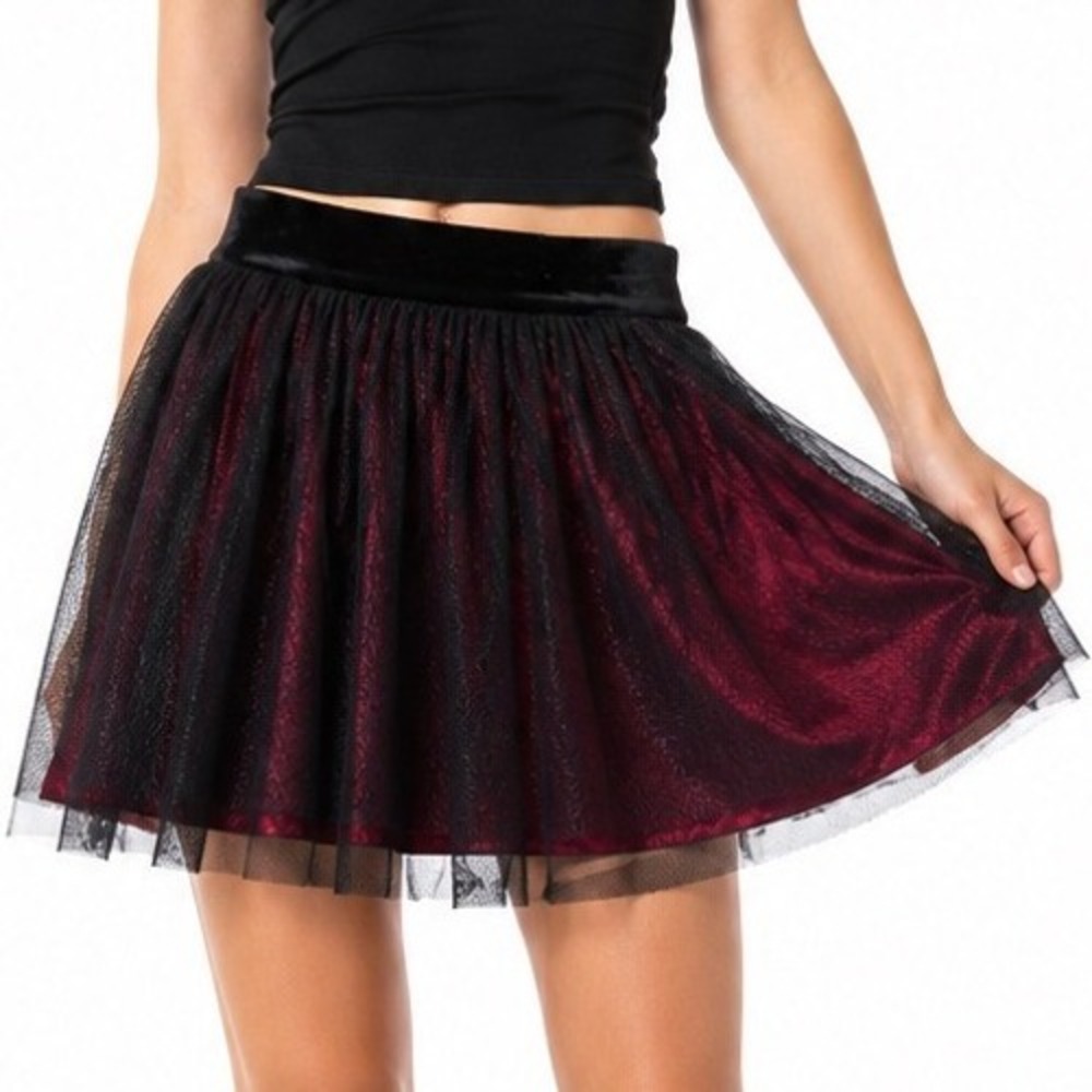 Vintage Y2K‎ Obsess Mini Pleated Skirt Black Red Sz 12 Goth Mesh Velvet Metallic